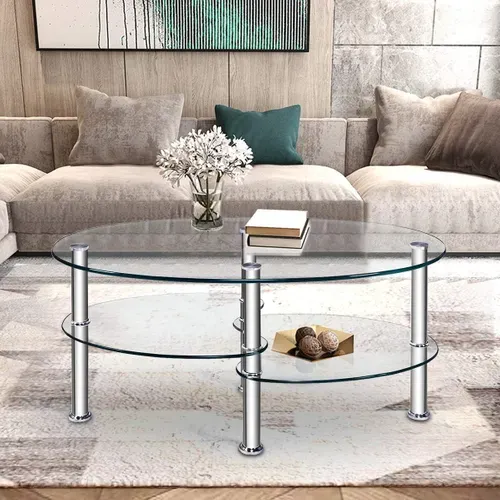 Table Basse En Verre Transparente Avec 3 Etagères En Verre Trempé,  Chambre, 90x50x45cm