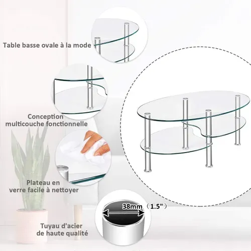 Table Basse En Verre Transparente Avec 3 Etagères En Verre Trempé,  Chambre, 90x50x45cm