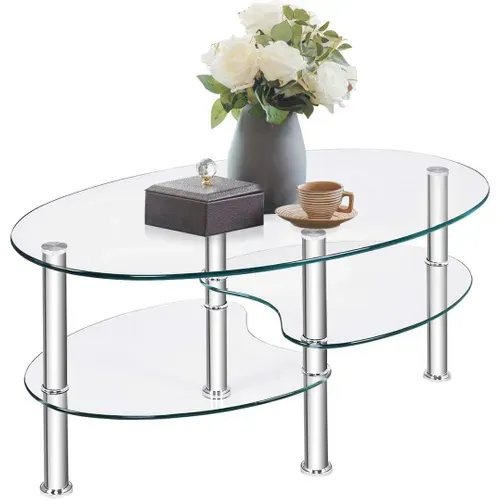 Table Basse En Verre Transparente Avec 3 Etagères En Verre Trempé,  Chambre, 90x50x45cm