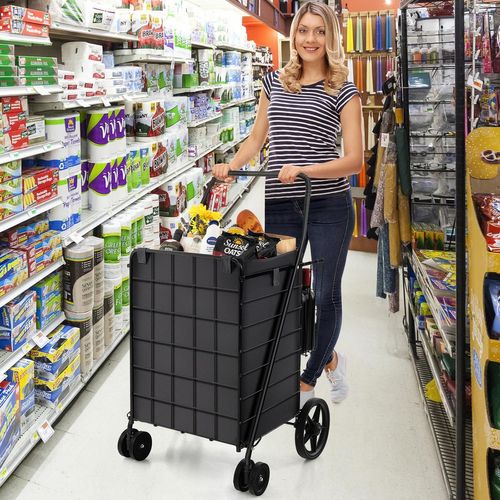 Chariot De Courses Pliable à 4 Roues, Caddie De Courses à Panier, Chariot Avec Structure Métallique