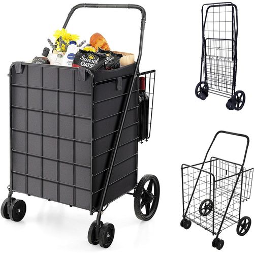 Chariot De Courses Pliable à 4 Roues, Caddie De Courses à Panier, Chariot Avec Structure Métallique