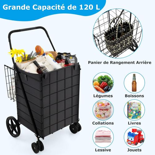 Chariot De Courses Pliable à 4 Roues, Caddie De Courses à Panier, Chariot Avec Structure Métallique