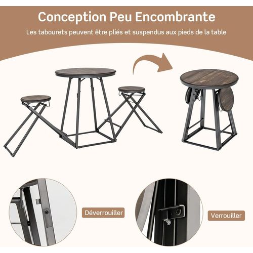 Table Haute Cuisine Avec Tabouret, Table Bar Industrielle Pliable, Mange Debout 2 Personnes Cuisine