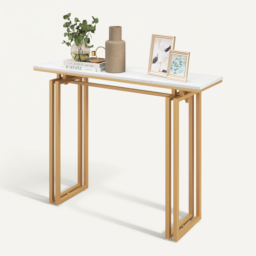 Table Console, Meuble D'entrée En Faux Marbre, Cadre En Métal, Kit Anti-basculement Inclus, (doré)