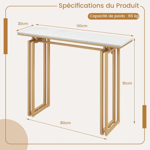 Table Console, Meuble D'entrée En Faux Marbre, Cadre En Métal, Kit Anti-basculement Inclus, (doré)