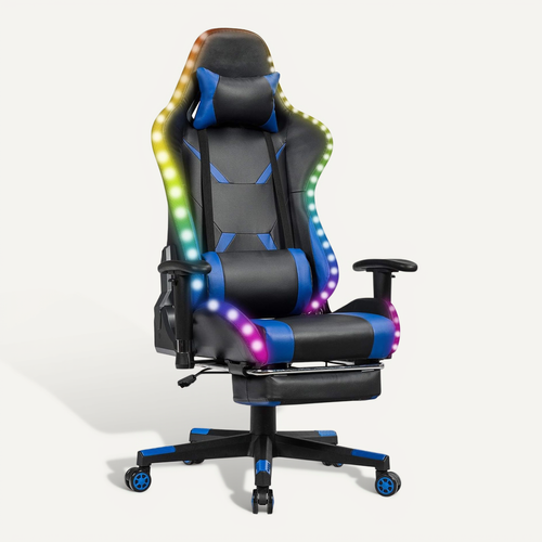 Chaise Gaming Rgb/led, Chaise Gamer Ergonomique Avec Soutien Lombaire, Appui-tête (bleu)