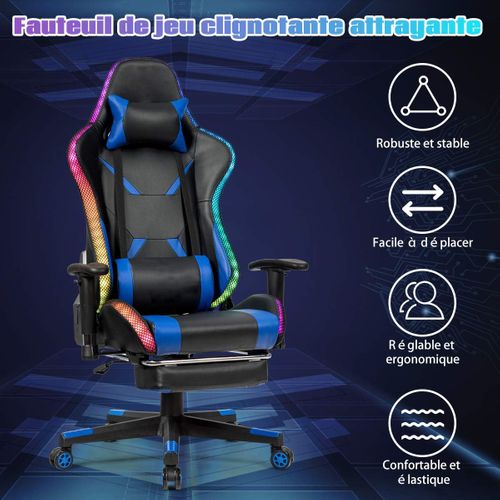 Chaise Gaming Rgb/led, Chaise Gamer Ergonomique Avec Soutien Lombaire, Appui-tête (bleu)