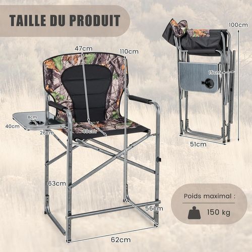 Chaise De Camping Pliante Avec Table Latérale Et Porte-gobelet, Supporte 150 Kg