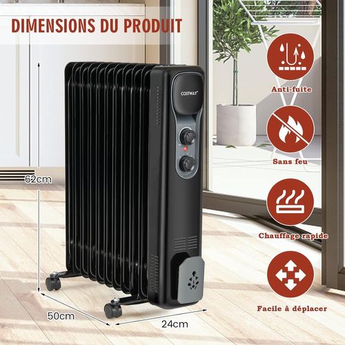 Radiateur à Bain D'Huile Taurus Tuareg 2500W - 3 Puissances, Thermostat, Humidificateur Intégré, Roues Et Poignées, Gris Chauffage électrique Thermostat