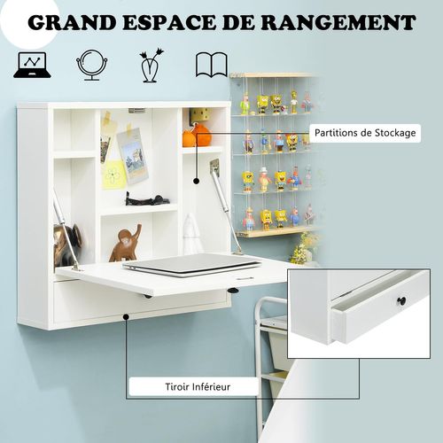 Bureau Mural Rabattable Pour Ordinateur Portable, Table Murale Avec Étagères Intégrée,tiroir(blanc)