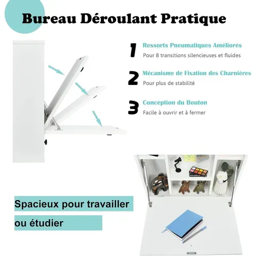 Bureau Mural Rabattable Pour Ordinateur Portable, Table Murale Avec Étagères Intégrée,tiroir(blanc)