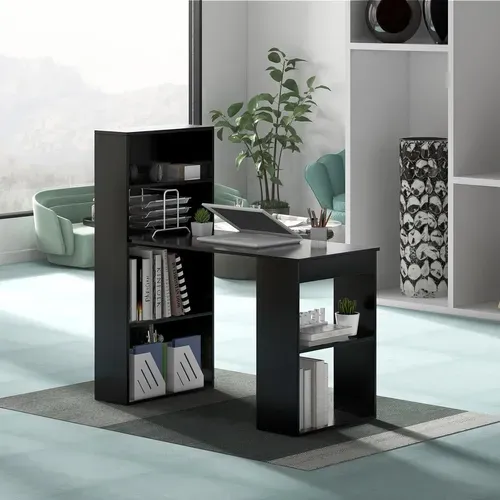 Bureau Droit Réversible Avec Bibliothèque, Assemblage Facile, Pour Maison, Bureaux (noir)