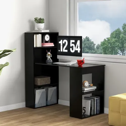 Bureau Droit Réversible Avec Bibliothèque, Assemblage Facile, Pour Maison, Bureaux (noir)