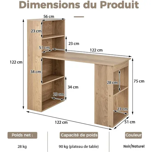 Bureau Droit Réversible Avec Bibliothèque, Assemblage Facile, Pour Maison, Bureaux (naturel)