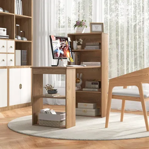 Bureau Droit Réversible Avec Bibliothèque, Assemblage Facile, Pour Maison, Bureaux (naturel)