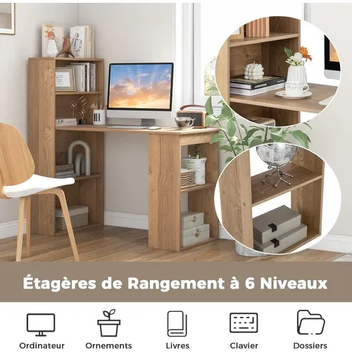 Bureau Droit Réversible Avec Bibliothèque, Assemblage Facile, Pour Maison, Bureaux (naturel)