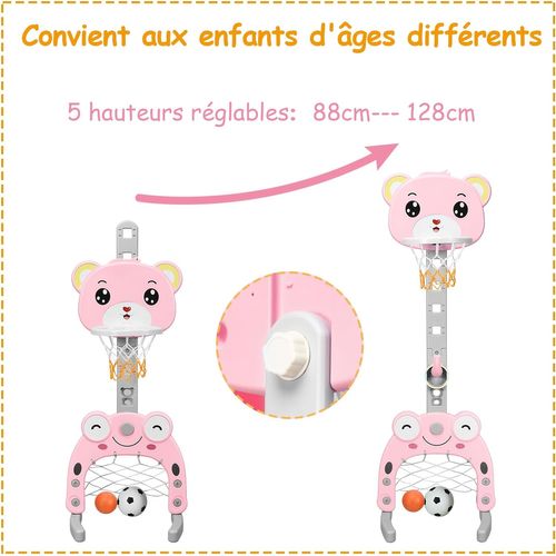 Panier De Basket Enfants 3 En 1 Avec Hauteur Ajustable,but De Football Intérieur Et Extérieur(rose)