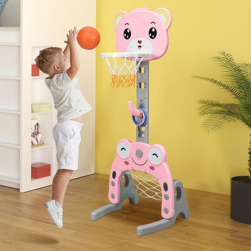 Panier De Basket Enfants 3 En 1 Avec Hauteur Ajustable,but De Football Intérieur Et Extérieur(rose)