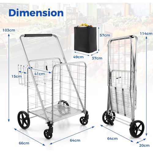 Chariot De Courses Pliable à 4 Roues, Caddie De Courses à Double Panier, Charge 150kg (argent)