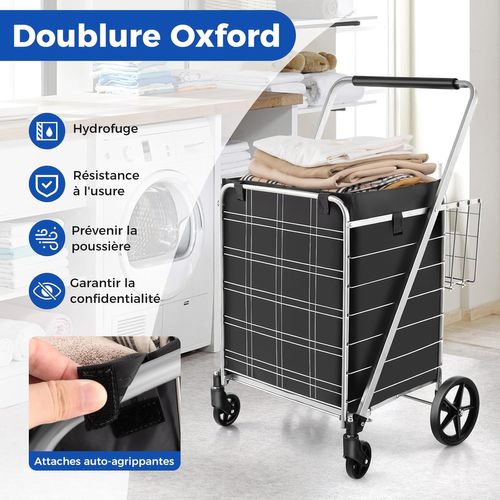 Chariot De Courses Pliable à 4 Roues, Caddie De Courses à Double Panier, Charge 150kg (argent)