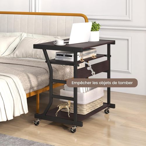 Bureau D'Ordinateur Mobile Avec Roulettes - 75 Cm - Plateau Clavier Extractible - Étagère Basse - Marron Foncé