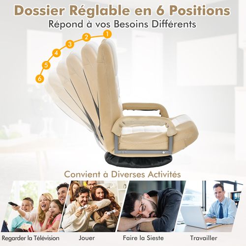 Fauteuil Pliable De Sol Chaise De Jeu Avec Dossier Réglable Sur 6 Positions Et Base Pivotante à 360°