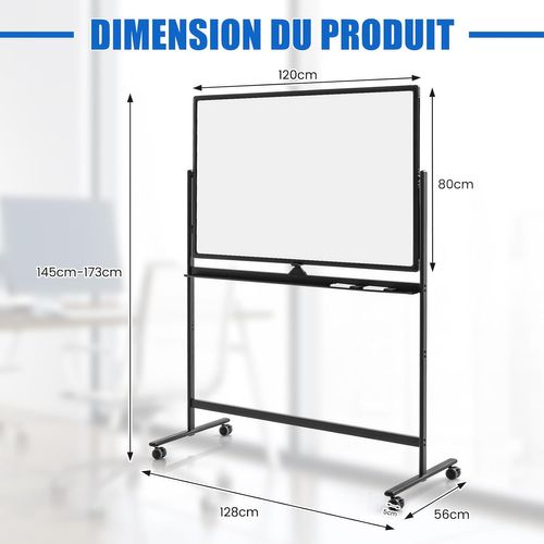 Tableau Blanc Mobile Magnétique Double Face, 120x80cm,12 Aimants, Pour École, Maison, Bureau