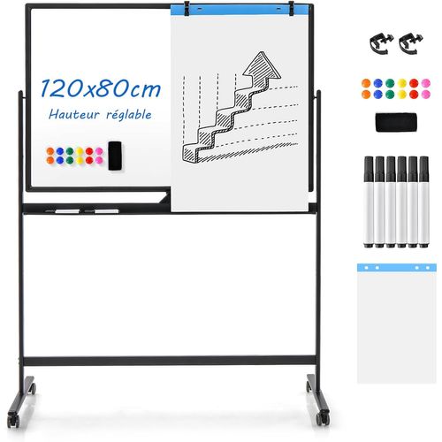 Tableau Blanc Mobile Magnétique Double Face, 120x80cm,12 Aimants, Pour École, Maison, Bureau