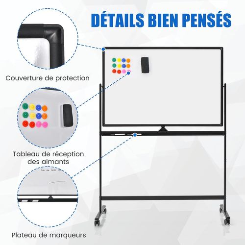 Tableau Blanc Mobile Magnétique Double Face, 120x80cm,12 Aimants, Pour École, Maison, Bureau