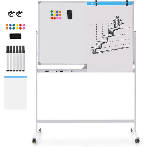 Tableau Blanc Magnétique Pivotante, 120x80cm, 12 Aimants, 6 Marqueurs, Pour École, Maison, Bureau
