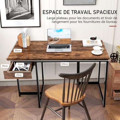 Bureau D'ordinateur Industriel 120 X 55 Cm, Facile à Assembler, 120 X 55 X 75 Cm (marron Rustique)