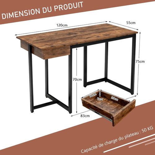 Bureau D'ordinateur Industriel 120 X 55 Cm, Facile à Assembler, 120 X 55 X 75 Cm (marron Rustique)