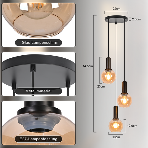 Suspension 3 Lumières Vintage Suspension En Verre Pour Salle à Manger（sans Ampoule）