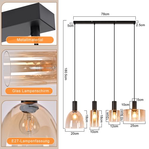 Suspension 4 Lumières Noire Vintage Suspension E27 Pour Chambre（sans Ampoule）