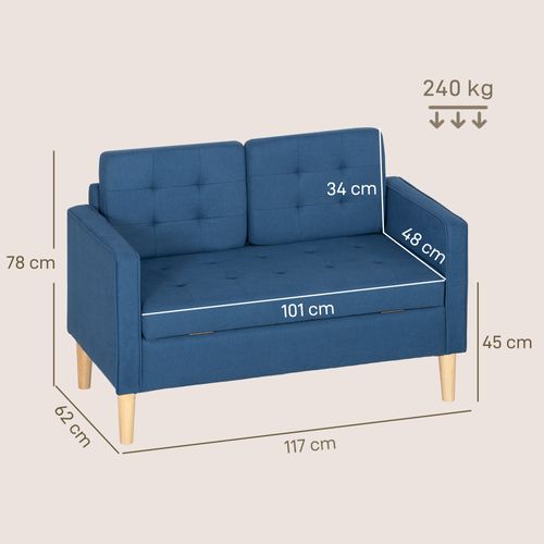Canapé Deux Places Avec Rangement Capitonnage à Boutons Coussins Bois D'hévéa 117 X 62 X 78 Cm Bleu