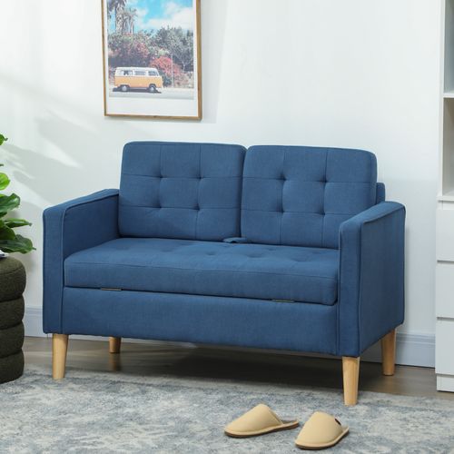 Canapé Deux Places Avec Rangement Capitonnage à Boutons Coussins Bois D'hévéa 117 X 62 X 78 Cm Bleu