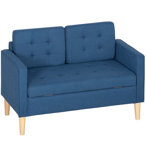Canapé Deux Places Avec Rangement Capitonnage à Boutons Coussins Bois D'hévéa 117 X 62 X 78 Cm Bleu