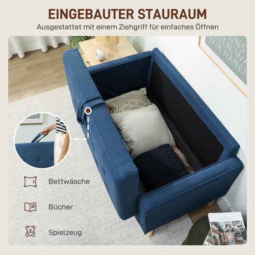 Canapé Deux Places Avec Rangement Capitonnage à Boutons Coussins Bois D'hévéa 117 X 62 X 78 Cm Bleu