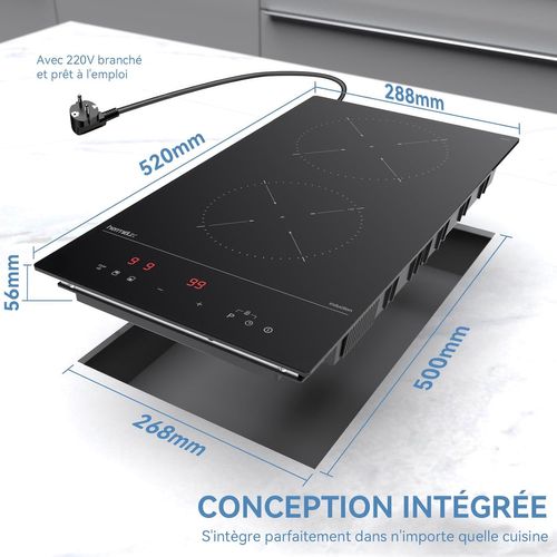 Plaque Induction 2 Feux Encastrable, Avec 9 Niveaux De Puissance Et Fonction Boost, 3500w
