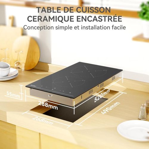 Plaque Vitrocéramique 2 Foyers, 29 Cm, 9 Niveaux De Puissance, 3300w, Commande Tactile