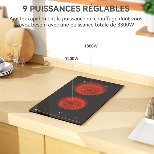 Plaque Vitrocéramique 2 Foyers, 29 Cm, 9 Niveaux De Puissance, 3300w, Commande Tactile