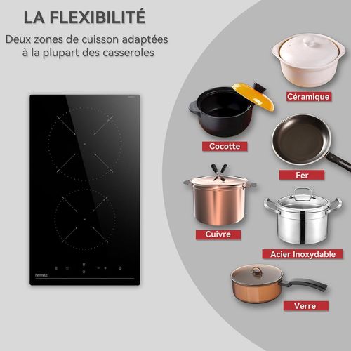 Plaque Vitrocéramique 2 Foyers, 29 Cm, 9 Niveaux De Puissance, 3300w, Commande Tactile