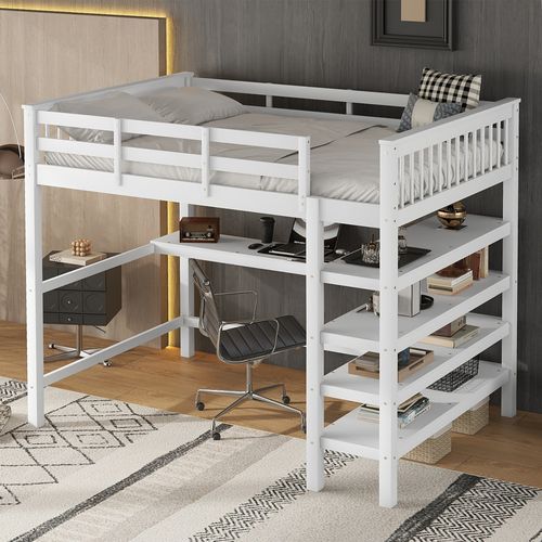 Lit Mezzanine 140x200 Cm Avec Bureau Et étagères En Pin Blanc
