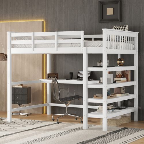 Lit Mezzanine 140x200 Cm Avec Bureau Et étagères En Pin Blanc