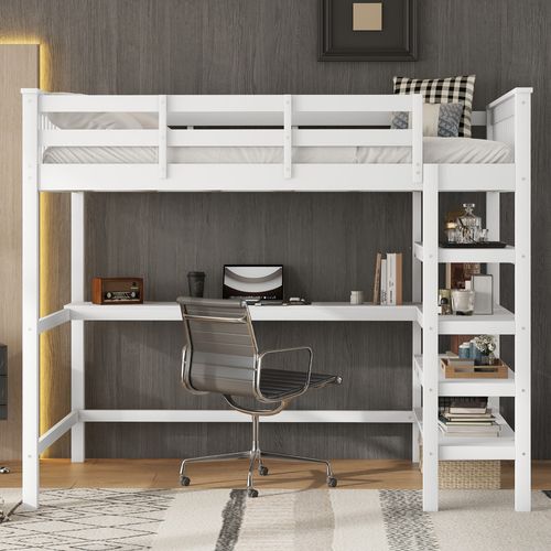 Lit Mezzanine 140x200 Cm Avec Bureau Et étagères En Pin Blanc