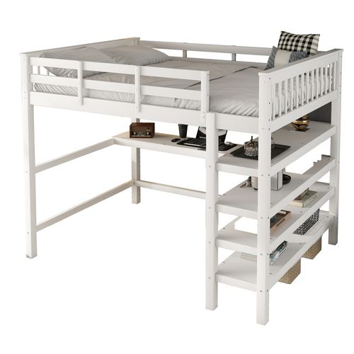 Lit Mezzanine 140x200 Cm Avec Bureau Et étagères En Pin Blanc