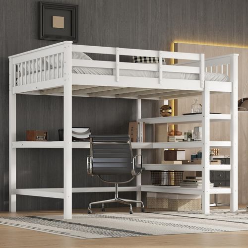 Lit Mezzanine 140x200 Cm Avec Bureau Et étagères En Pin Blanc
