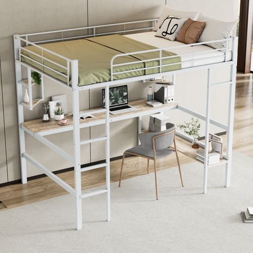 Lit Mezzanine 140x200 Cm Avec Bureau, 4 étagères Et Bibliothèque En Métal Blanc