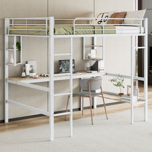 Lit Mezzanine 140x200 Cm Avec Bureau, 4 étagères Et Bibliothèque En Métal Blanc