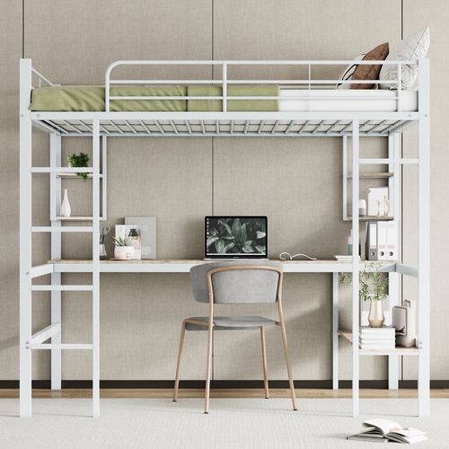 Lit Mezzanine 140x200 Cm Avec Bureau, 4 étagères Et Bibliothèque En Métal Blanc
